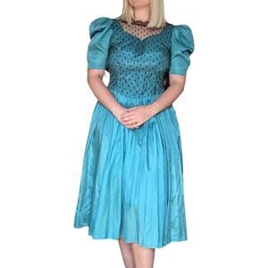 Vintage Handmade Lace Shimmer Blue Princess Dress Puff Sleeve Teal Princesscore